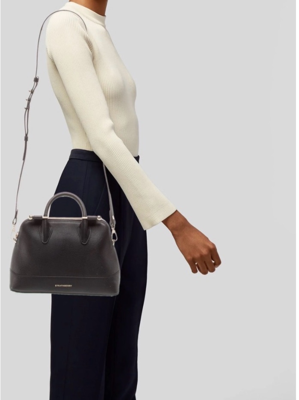 Strathberry Black Leather Dome Satchel with Gold Hardware